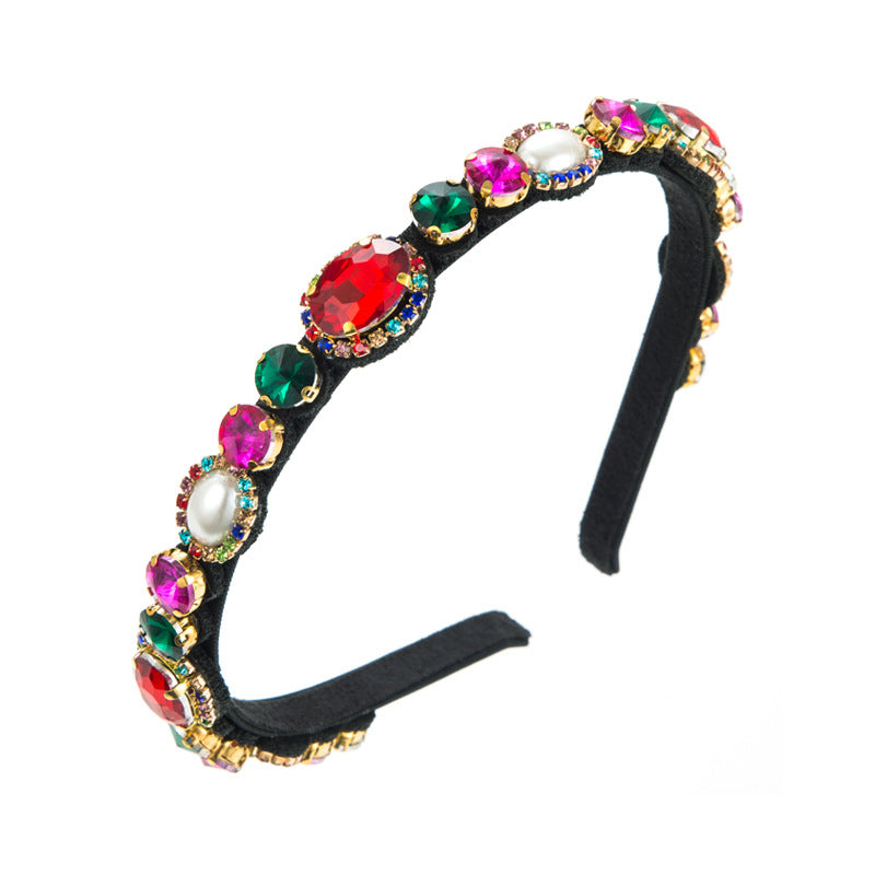 Korean New Fashion Luxury Colored Diamond Gem Headband Women's Baroque Rhinestone Pearl Thin Edge Headband Headband