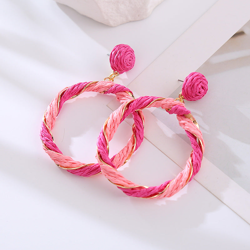 Spring new European and American fashion personality earrings Internet celebrity with raffia entwined circle earrings sweet ear jewelry