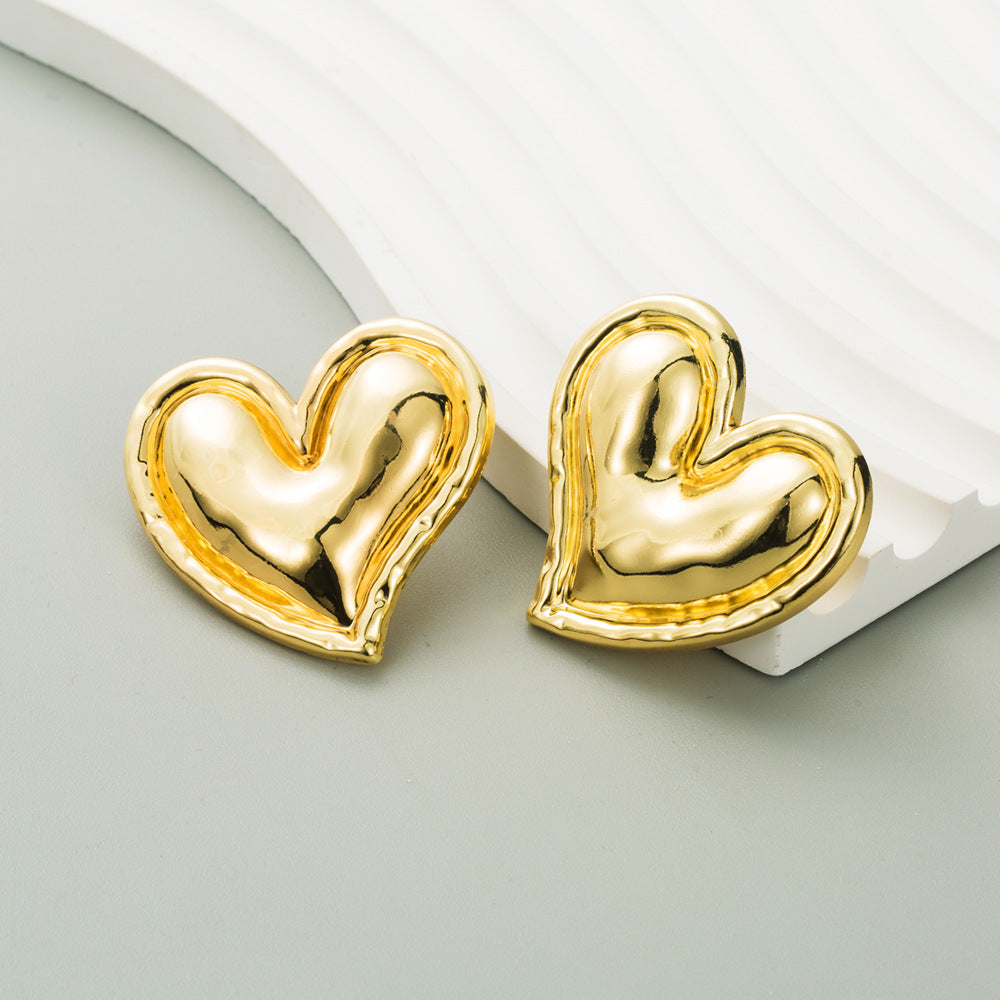 vintage vintage plain gold love heart S925 silver needle earrings women's European and American cross-border new temperament high-end earrings