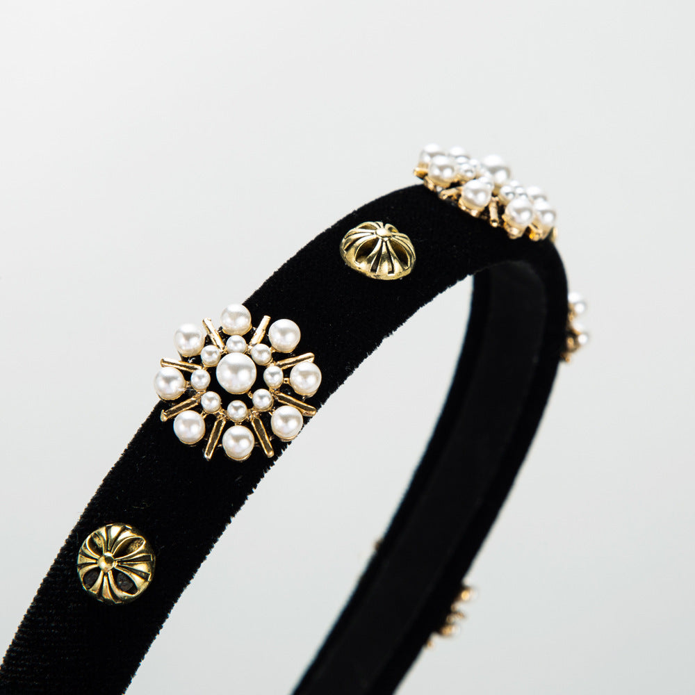 European and American fashion temperament, new velvet inlaid rhinestones, pearl headbands, female Internet celebrities, sweet personality, simple headbands, wholesale