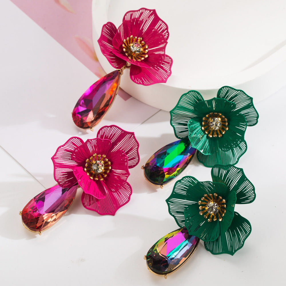 European and American trend: summer diamond-studded flower earrings, exaggerated personality, creative dazzling water drop earrings, light luxury temperament earrings