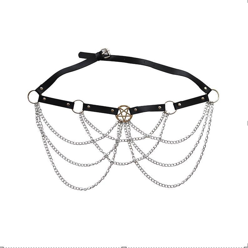 The new European and American cross-border personality leather women's punk waist chain exaggerated multi-layer cross cut-out jewelry body chain
