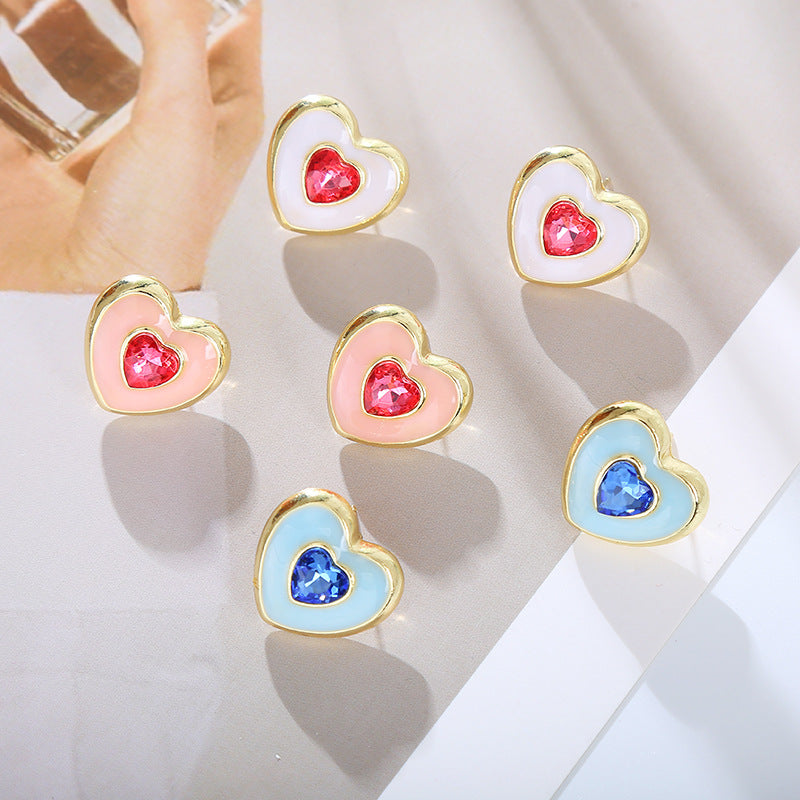 European and American fashion earrings rhinestone inlaid color zircon plating earrings heart shaped ladies stud earrings wholesale