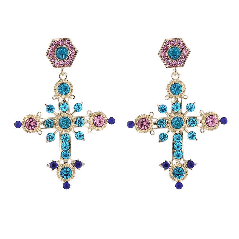 European and American colored diamond stud earrings Internet celebrity bohemian national style alloy diamond cross earrings female cross-border supply