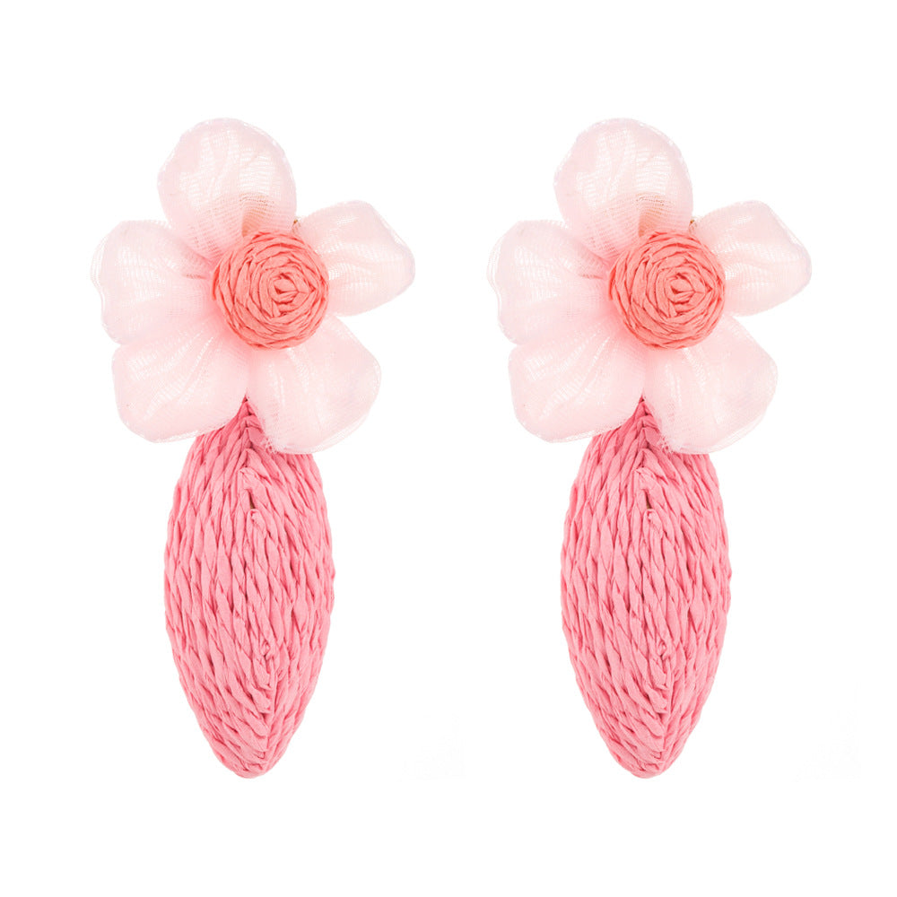New fashion bohemian handmade raffia earrings women's spring colorful flowers temperament niche versatile earrings
