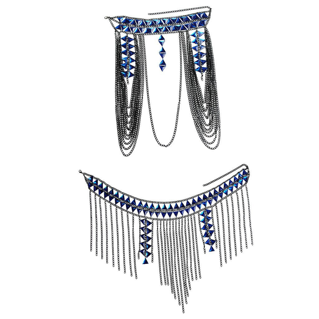 European and American cross-border new body chain set blue acrylic shoulder body chain factory direct tassel body chain