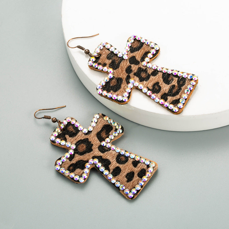 European and American personality exaggerated cross-shaped double-sided printed leather leopard print earrings long full of diamonds retro ins earrings