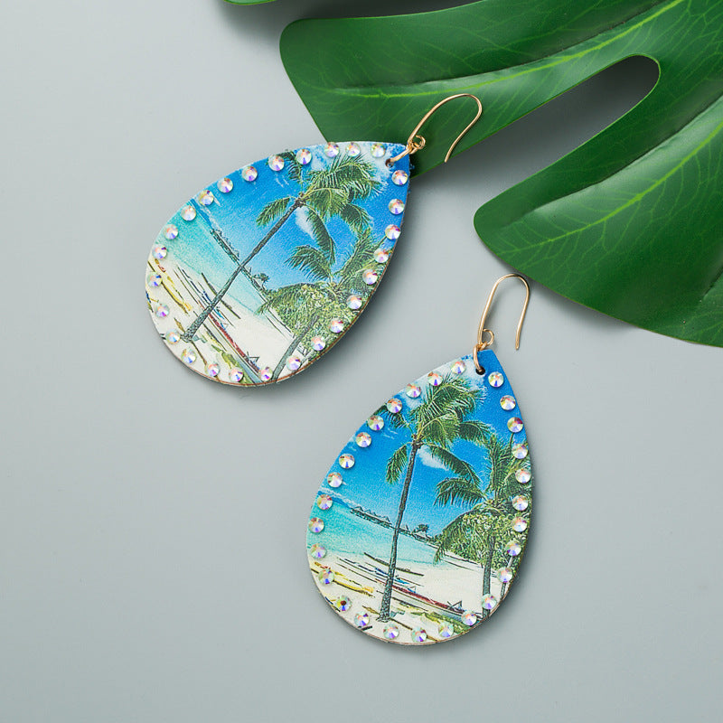 European and American new summer leather coconut tree print earrings tropical rainforest diagram beach feng shui drop-shaped exaggerated earrings