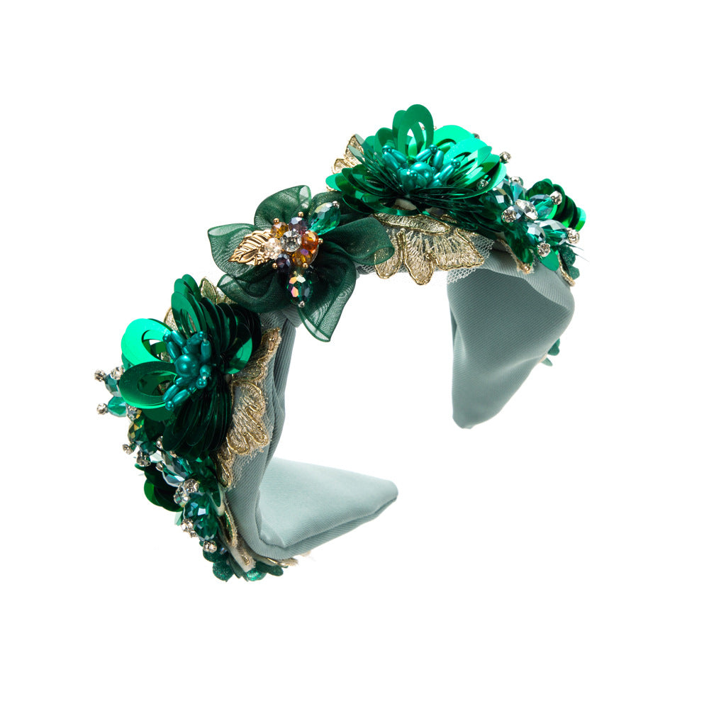 European and American vintage baroque hand-sewn crystal flower headbands, women's wide-brimmed mesh fashion, dinner ball, hair accessories