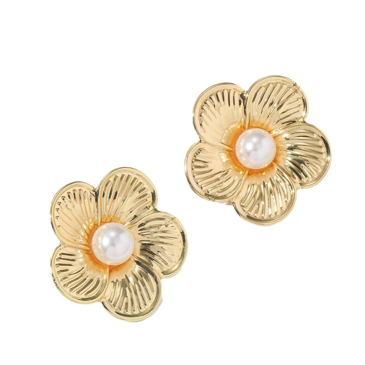 New summer alloy floral earrings European and American exaggerated trend metallic flower stud earrings