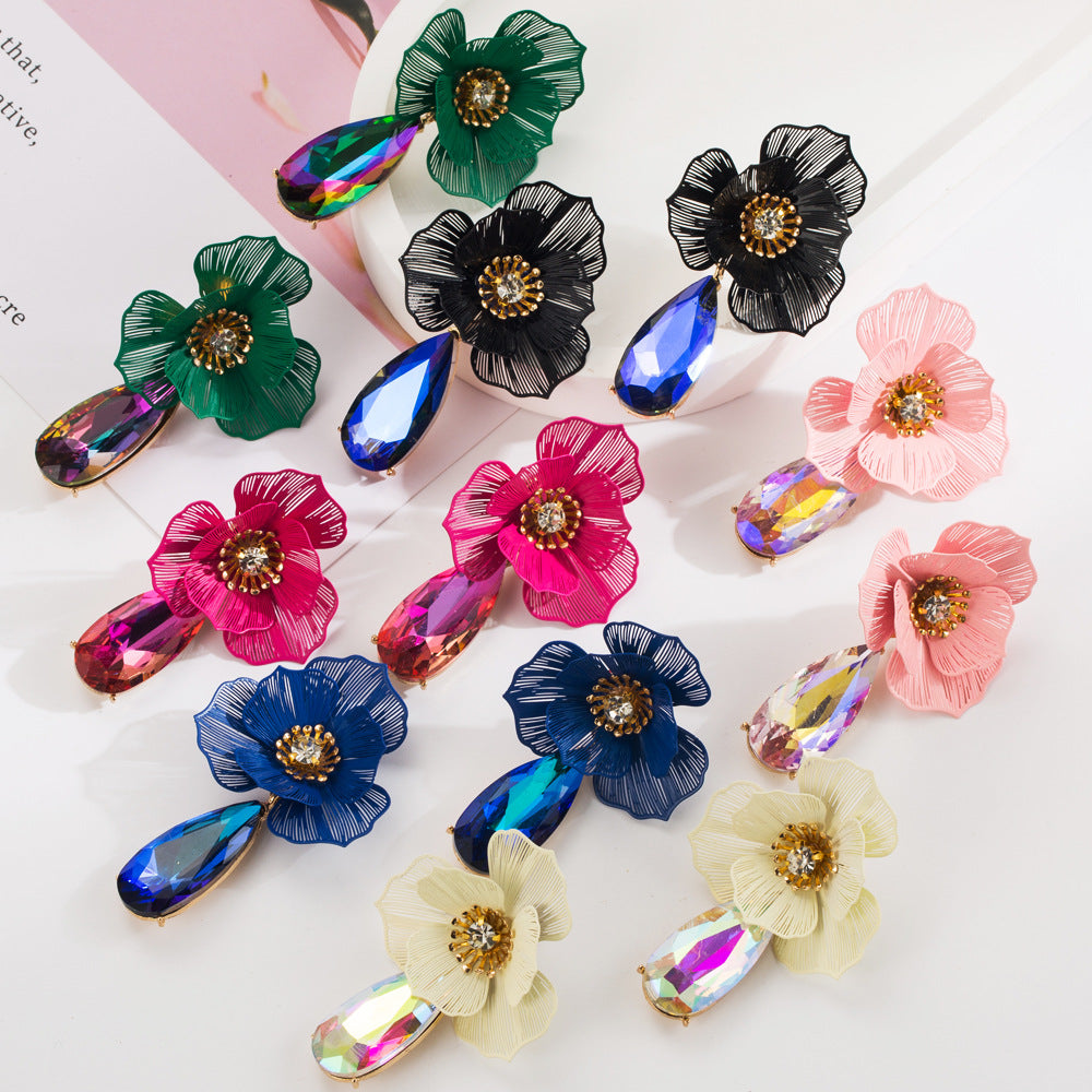 European and American trend: summer diamond-studded flower earrings, exaggerated personality, creative dazzling water drop earrings, light luxury temperament earrings