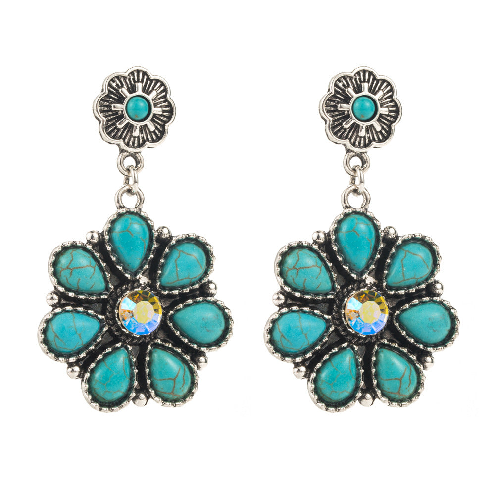 European and American retro bohemian ethnic style temperament earrings women's personality multi-layer alloy inlaid turquoise colored diamond earrings