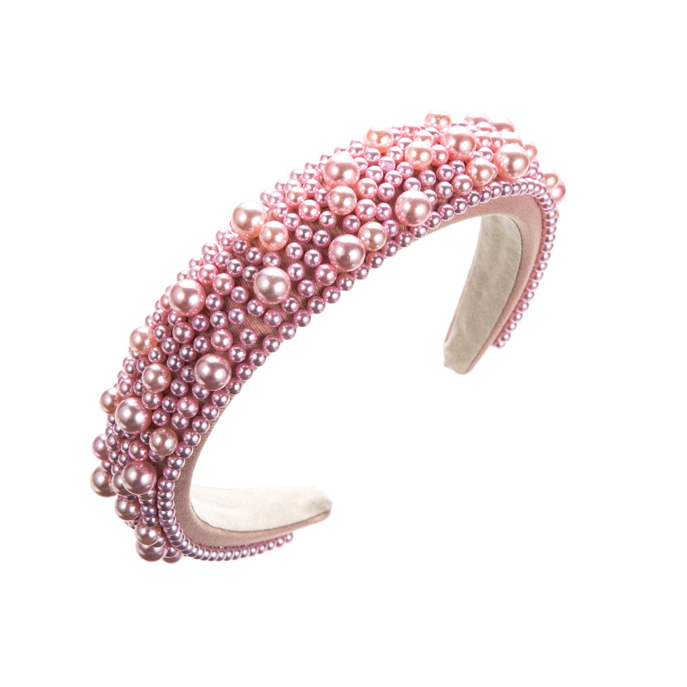 Heming headbands, European and American cross-border sponge pearl hair accessories, women's handmade beads, high-quality sense of wide edge, fashionable and versatile headbands