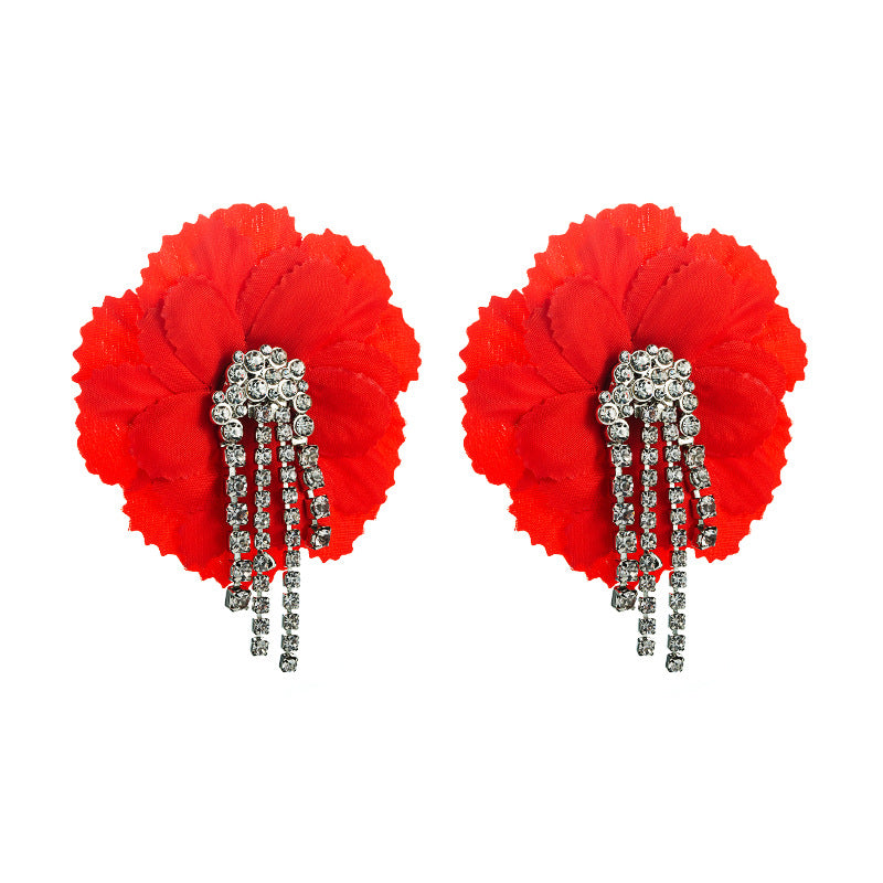 Cross-border new exaggerated alloy ins wind fabric big flower earrings female tassel ZA same earrings wholesale