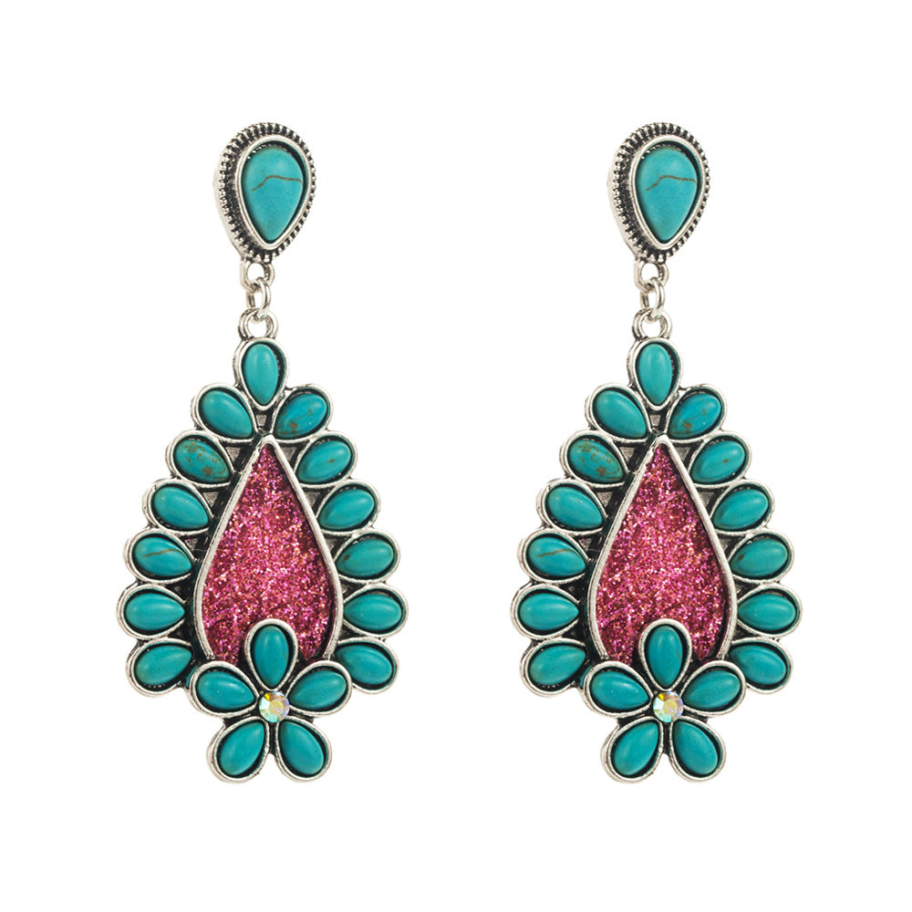 Amazon's popular trendy turquoise earrings, European and American creative leopard print leather, turquoise exaggerated niche earrings