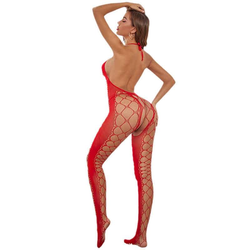 Yue Die foreign trade new sexy open file hollow large size sexy European and American backless net socks one-piece hanging neck net clothes 9038