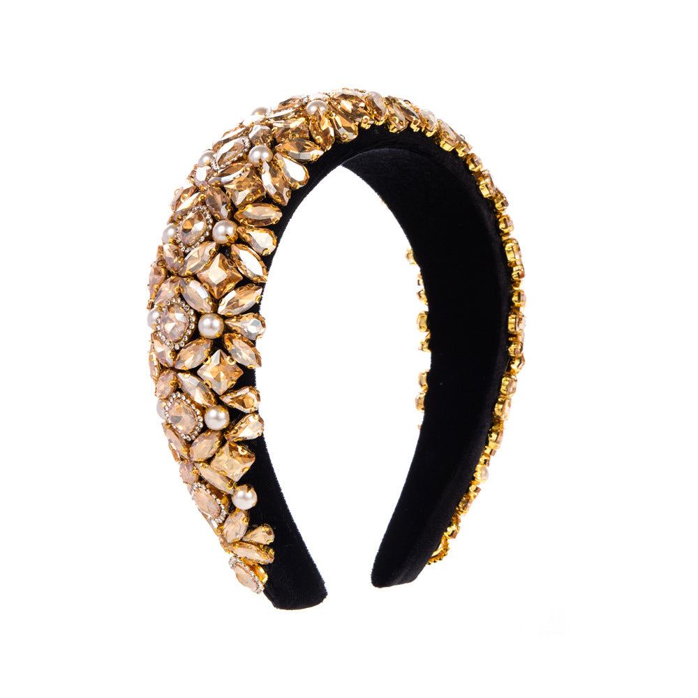 Cross-border hot sale Korean version of the sponge pearl headband with colored diamonds, European and American baroque headbands, wide-brimmed rhinestone hair accessories wholesale