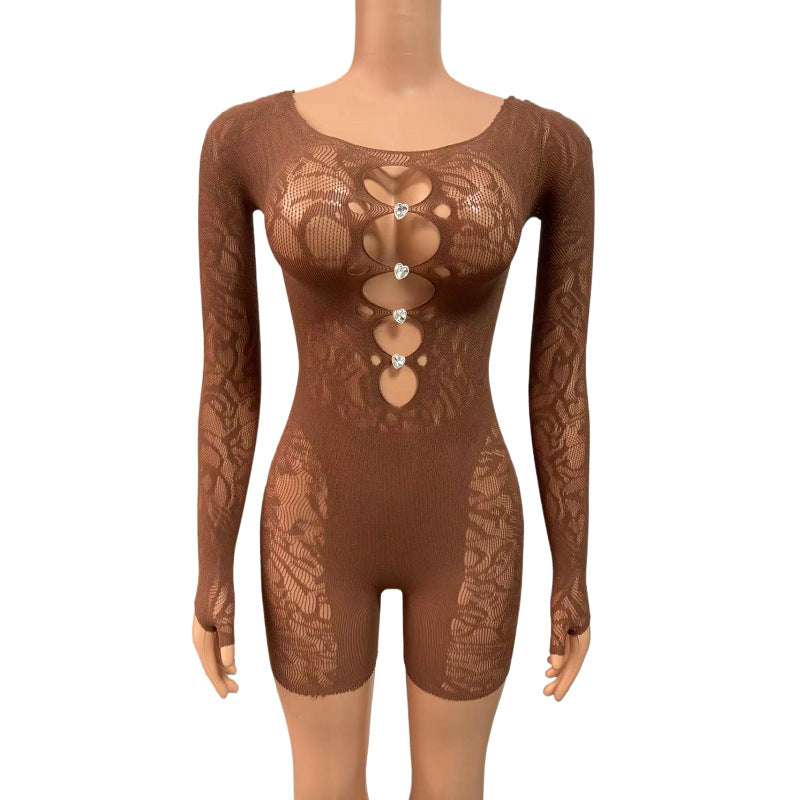 Amazon cross-border Internet celebrity hot women's clothing sexy temptation see-through high-waisted long-sleeved tight-fitting hip T5032