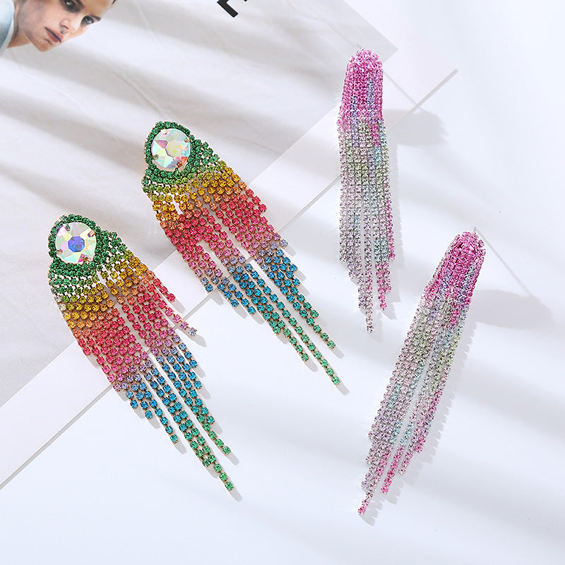 Korean version exaggerated light luxury style earrings long gradient color diamond tassel earrings female cold wind claw chain stud earrings wholesale