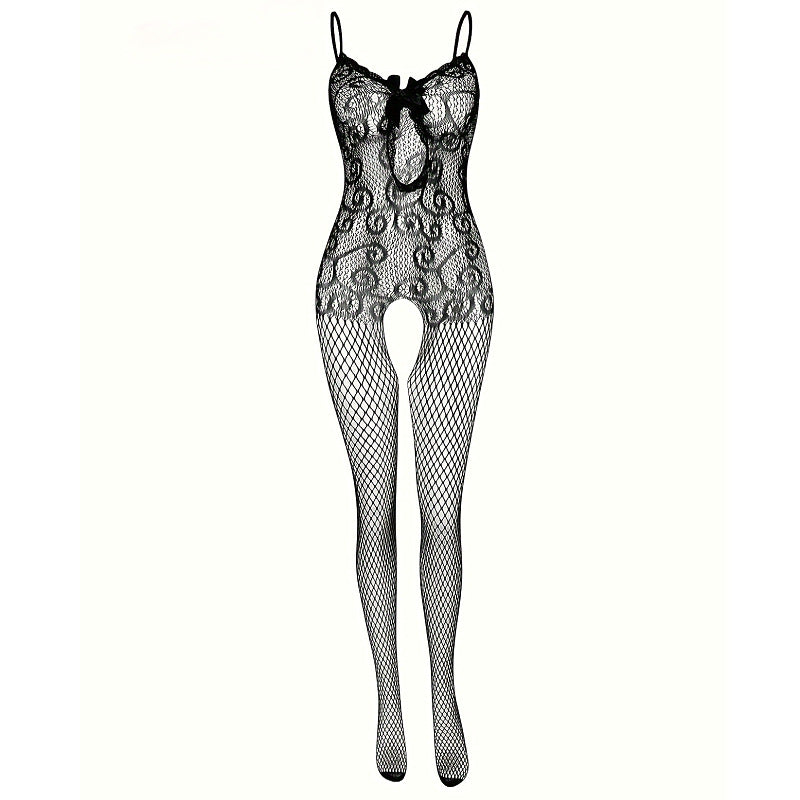 Yue Die's new sexy suspender one-piece stockings, fishnet stockings, erotic open-file chest hole bow model 1228