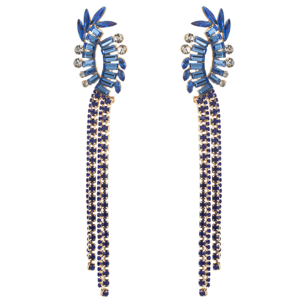 European and American fashion new claw chain tassel earrings, light luxury alloy inlaid with colored diamonds, long temperament, high-end party earrings