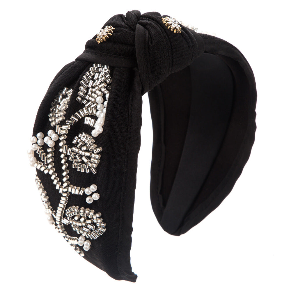 European and American fashion new wide-brimmed knotted high skull headband, hand-sewn glass floral, high-end banquet hair accessories