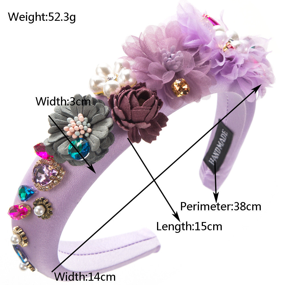 Cross-border new Korean version of floral temperament headband female sponge high skull top inlaid with glass diamonds pearl flower party hair accessories