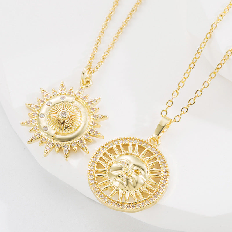 European and American cross-border new ins style creative sun pendant exaggerated personality necklace copper gold-plated diamond versatile jewelry