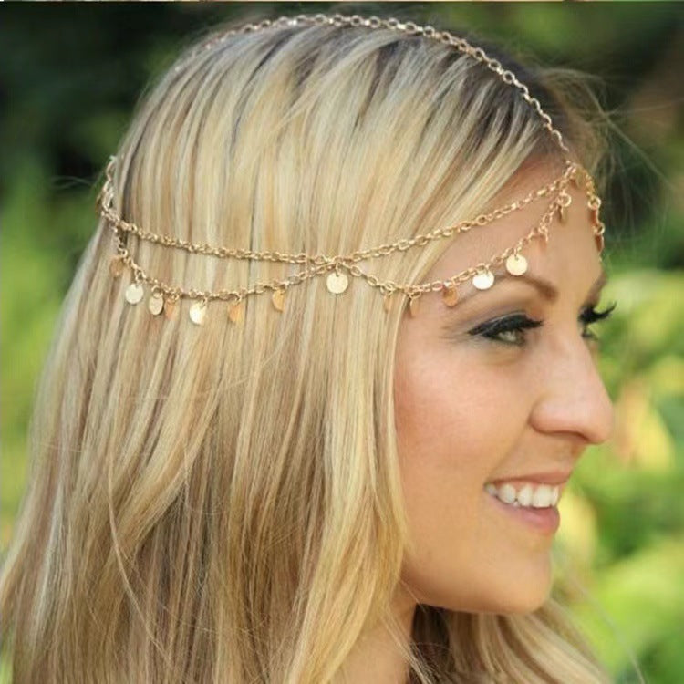 New European and American jewelry, alloy plated metal texture, wavy tassels, sequins, multi-layer tassel headbands, hair accessories, head chains