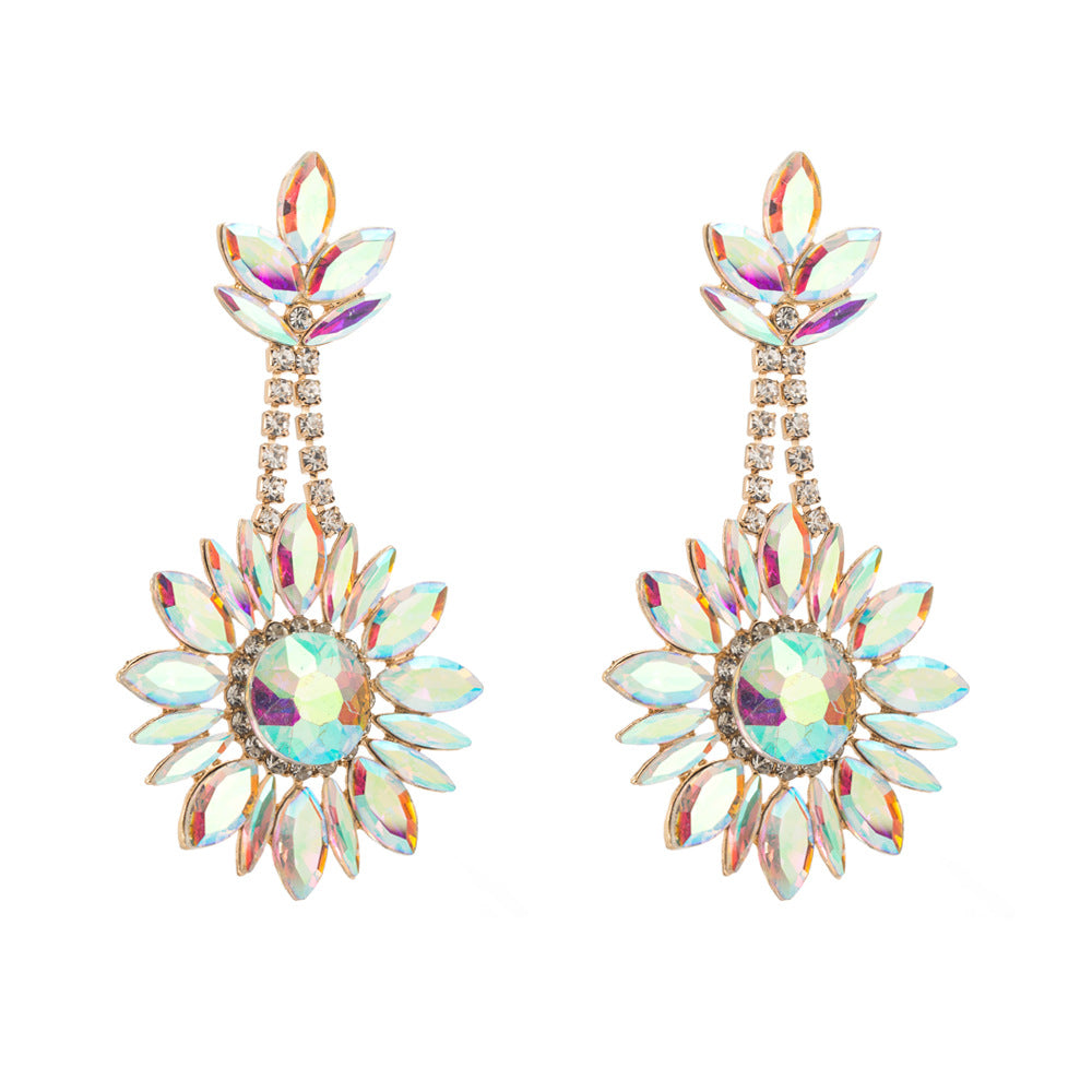 European and American new cross-border flower pendant earrings luxury exaggerated color full diamond round long banquet earrings wholesale