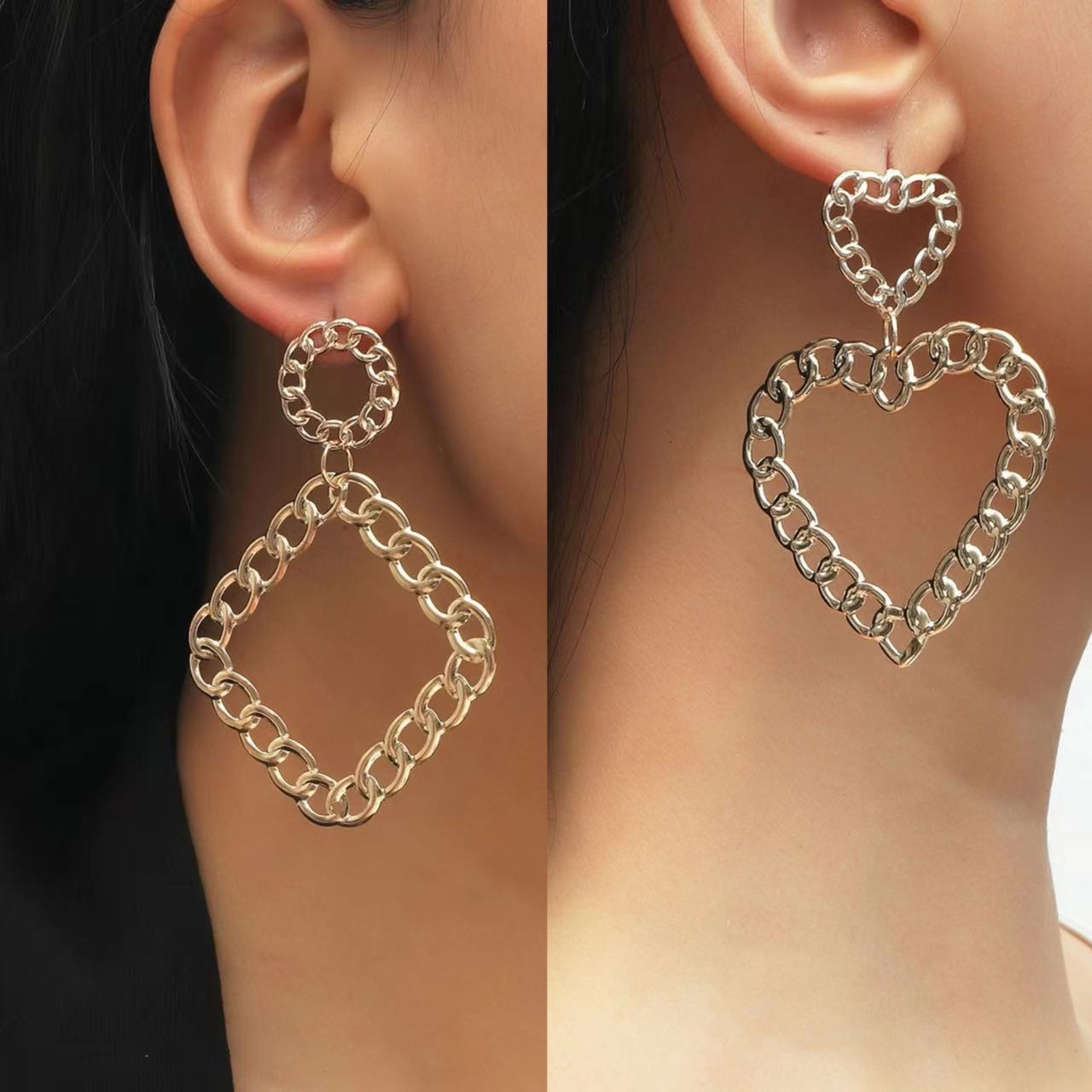 New jewelry: geometric hollow heart-shaped chain big earrings, women's sense of luxury, cold style, European and American exaggerated earrings