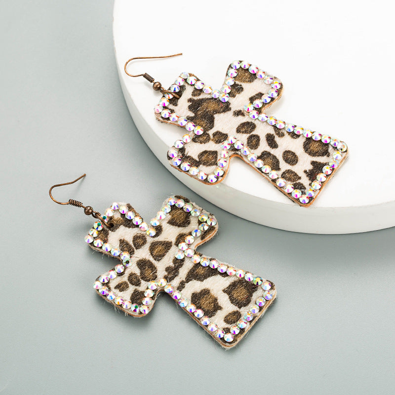 European and American personality exaggerated cross-shaped double-sided printed leather leopard print earrings long full of diamonds retro ins earrings