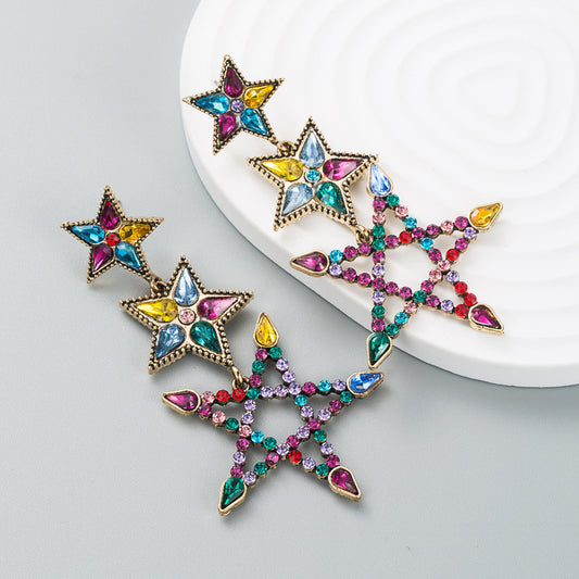 European and American fashion exaggerated alloy color rhinestone earrings, five-pointed stars, long trendy street photography party earrings, earrings