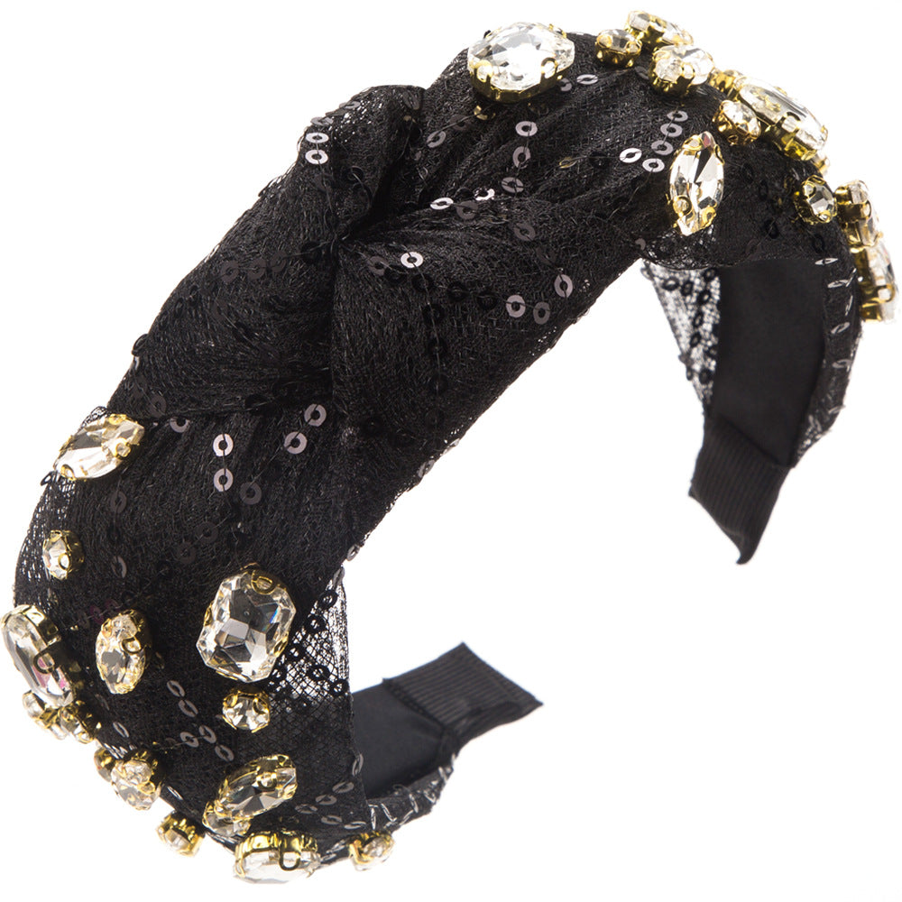 Korean version of the fashion new sequined headband, wide side knotted nails, glass diamonds, sweet temperament, head cave ball, super glitter hair accessories