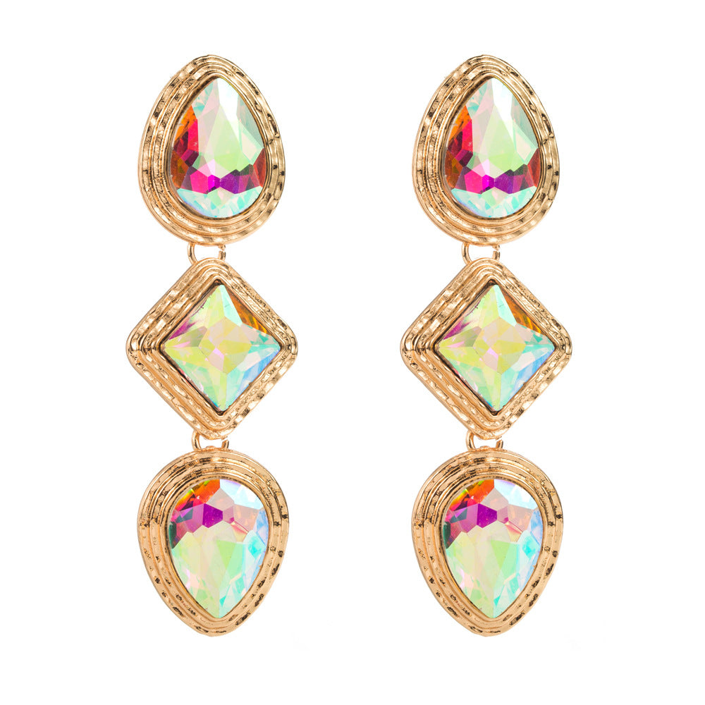 European and American fashion retro exaggerated long earrings alloy multi-layer inlaid with glass diamonds, simple temperament, high-quality ear jewelry