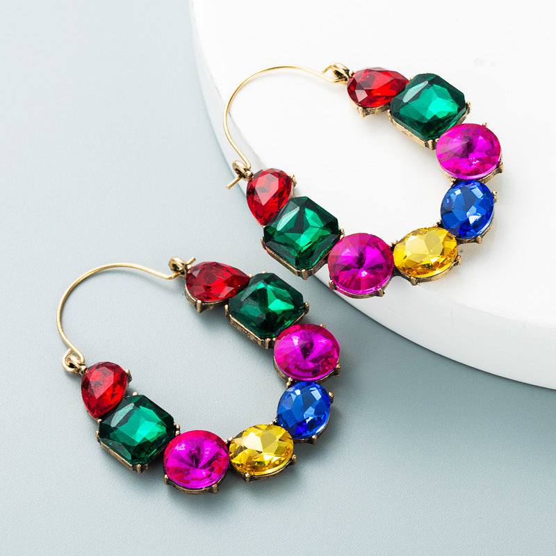 European and American exaggerated big-name geometric alloy inlaid colored rhinestone earrings, fashionable temperament, super shiny diamond niche earrings