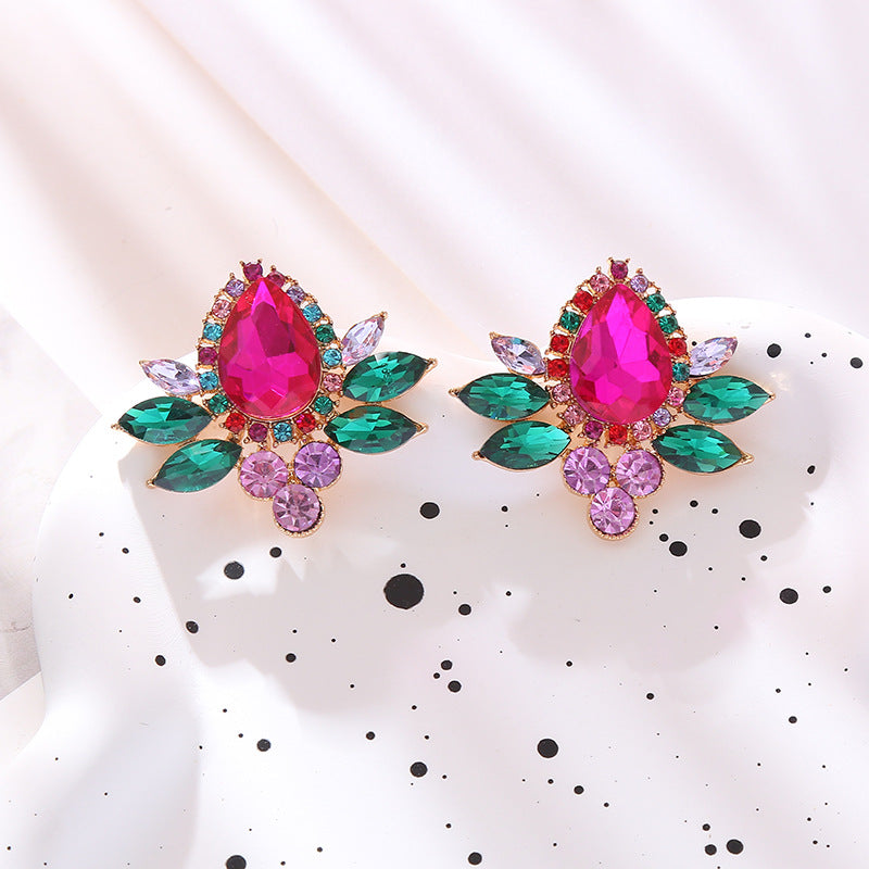 Earrings, French temperament, retro geometric glass and diamond earrings, delicate niche alloy and diamond light luxury earrings