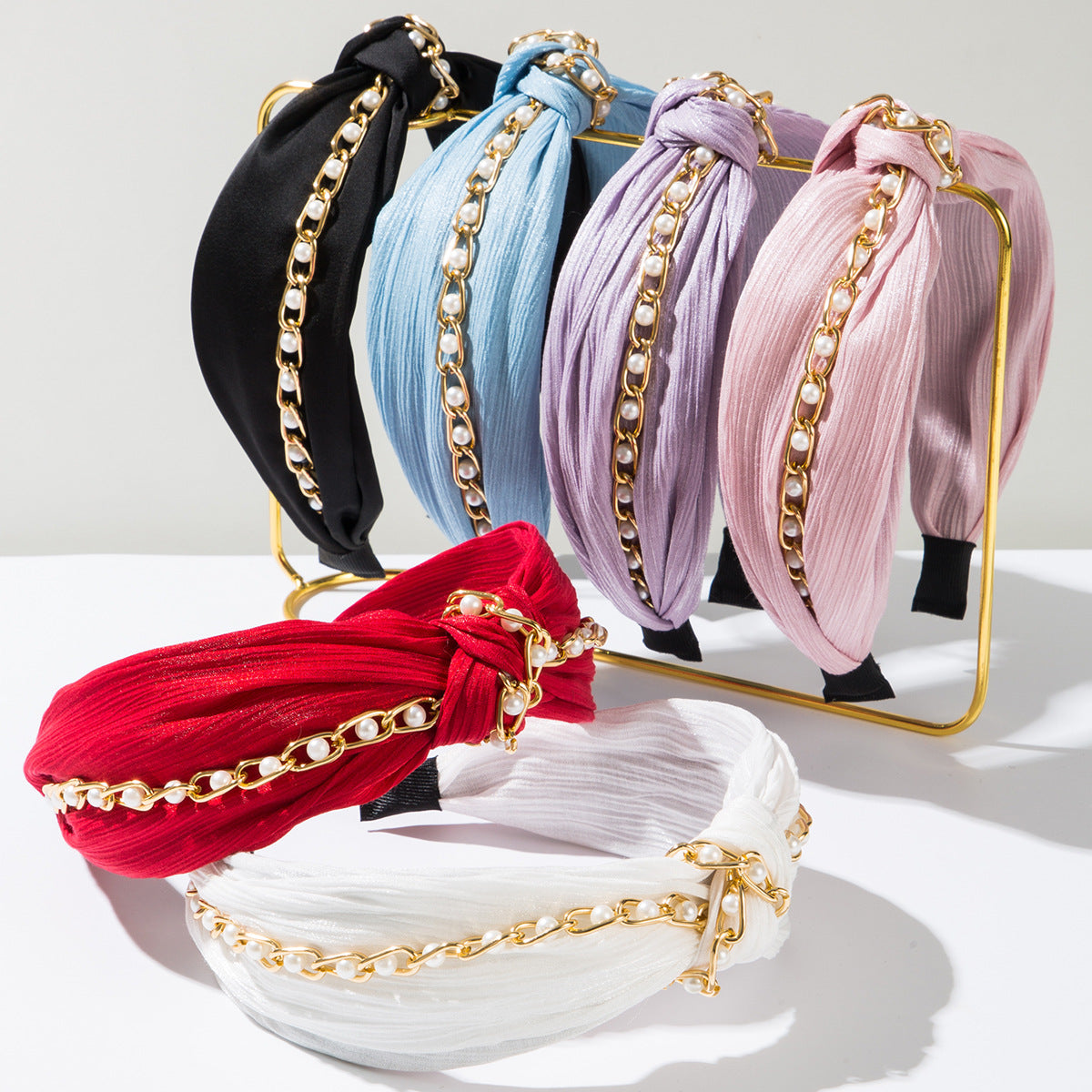 Korean version of fashion mesh gauze metal chain knotted headband, female pearl versatile temperament, high-end external accessories