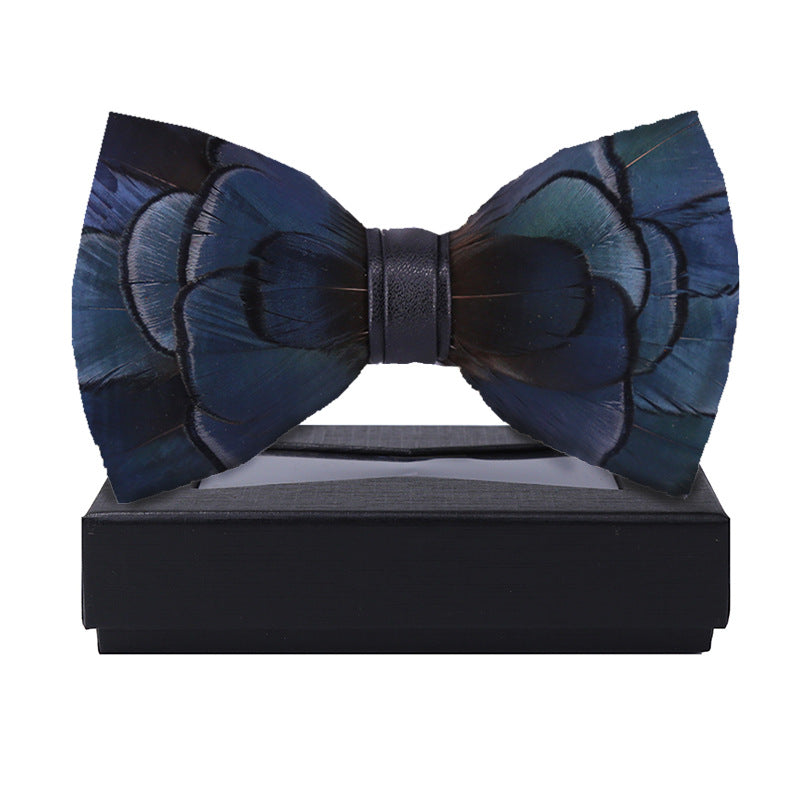 275 ink blue men's bow tie feathers bird feather nightclub marriage groom man wedding suit collar flower dark green bow tie