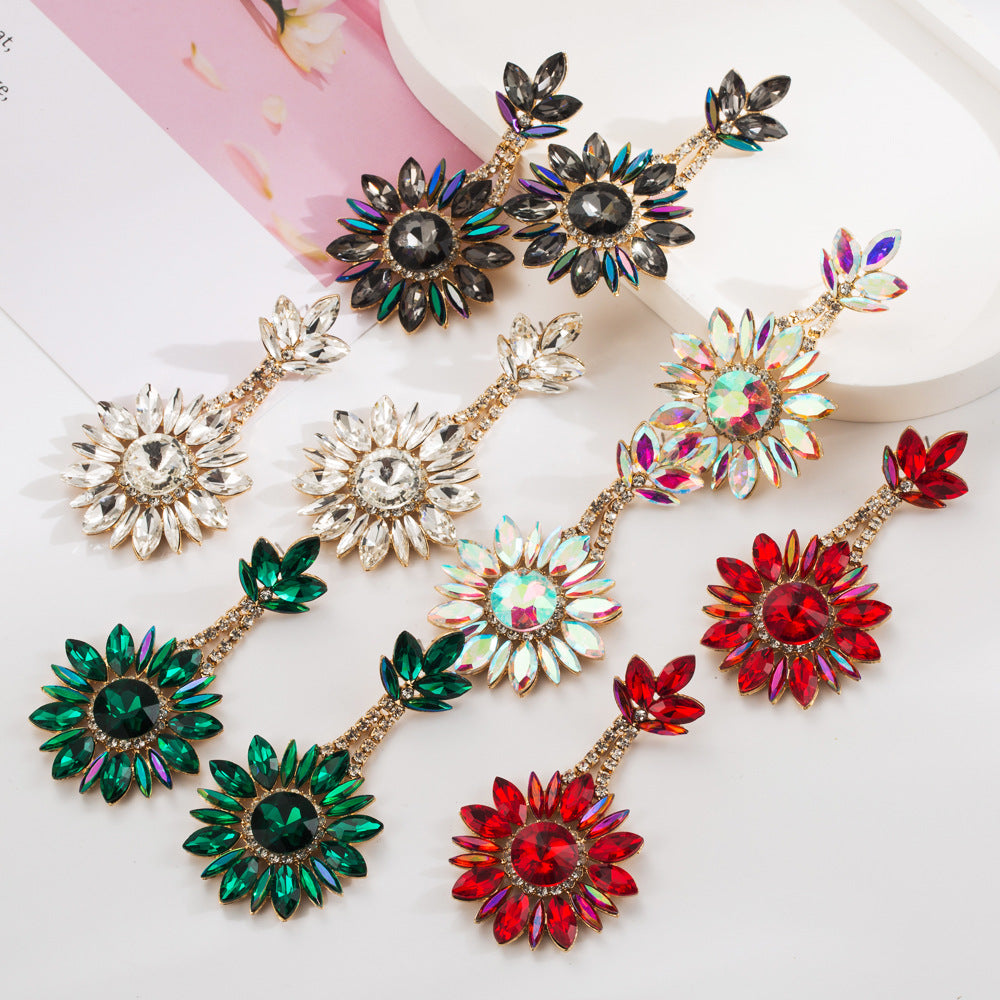 European and American new cross-border flower pendant earrings luxury exaggerated color full diamond round long banquet earrings wholesale