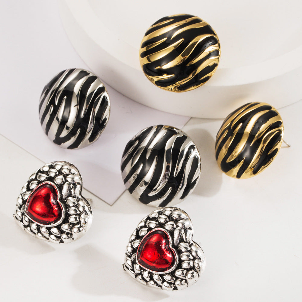 Cross-border European and American fashion atmosphere stud alloy dripping oil zebra print temperament high quality earrings red love earrings