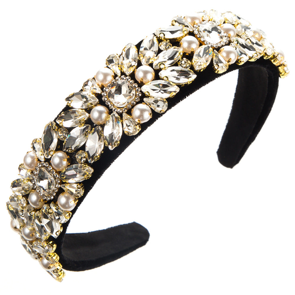 European and American retro court style baroque heavy industry headbands female velvet fabric wide-brimmed diamond pearl hair jewelry wholesale