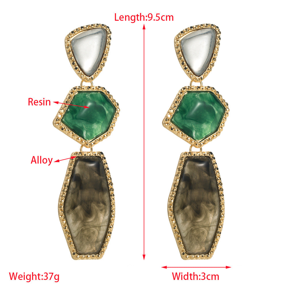 European and American long multi-layer irregular geometric earrings retro simple alloy inlaid resin ear jewelry cross-border supply