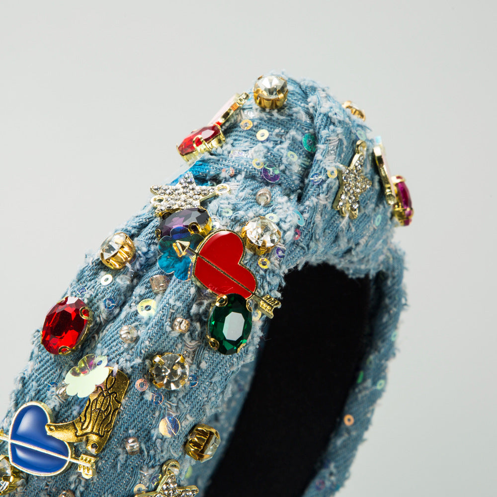 European and American fashion trends, love accessories, headbands, women's hand-sewn glass diamonds, denim hair accessories, cross-border supply