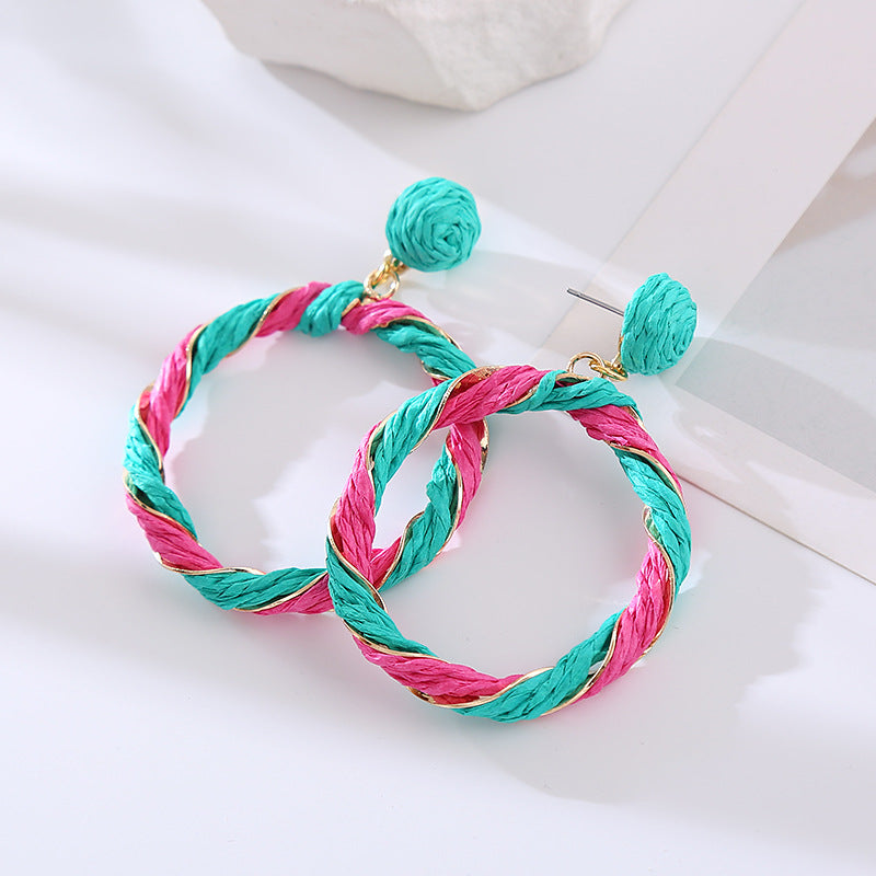 Spring new European and American fashion personality earrings Internet celebrity with raffia entwined circle earrings sweet ear jewelry