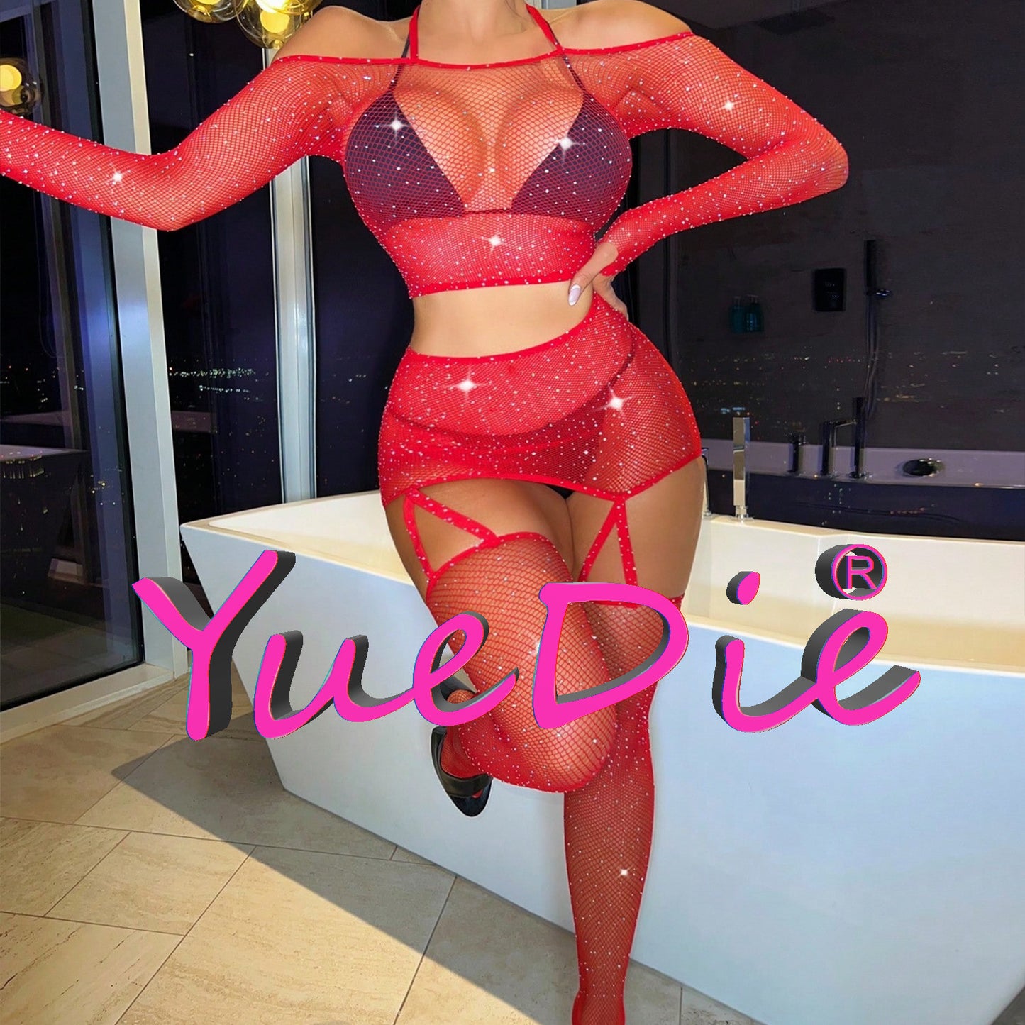 Yue Die's new sex suit in Europe and the United States, with sleeves, sexy hollow sex pajamas, hot diamonds, starry two-piece set 9140