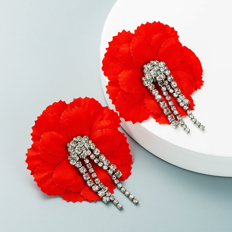 Cross-border new exaggerated alloy ins wind fabric big flower earrings female tassel ZA same earrings wholesale