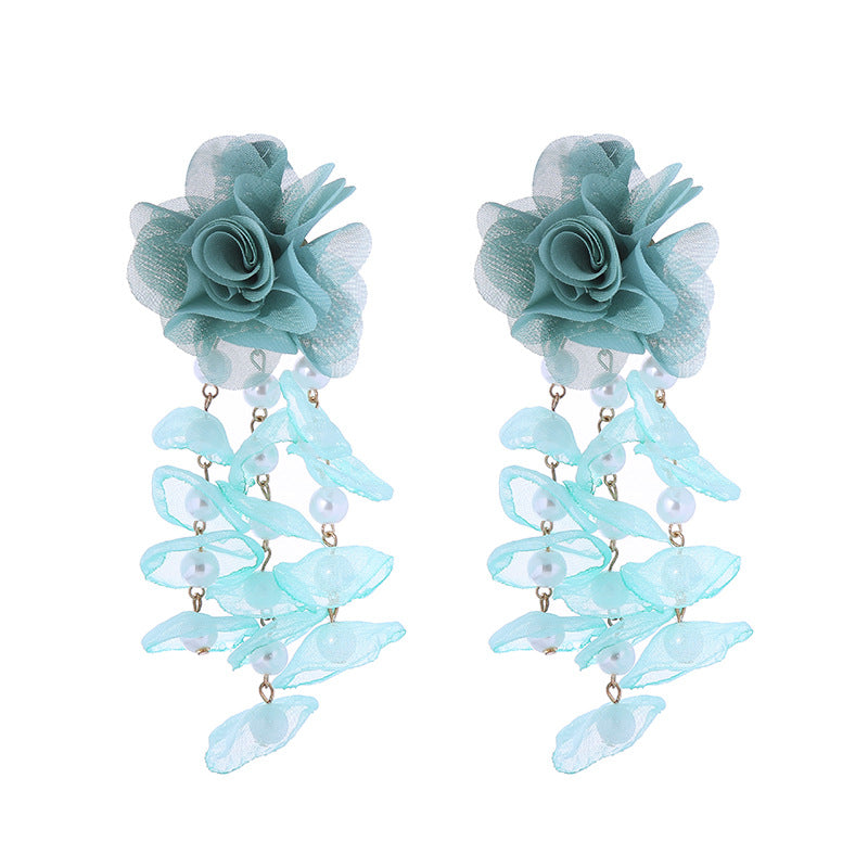 European and American new long tassel exaggerated floral earrings women's bohemian mesh inlaid pearl flower earrings