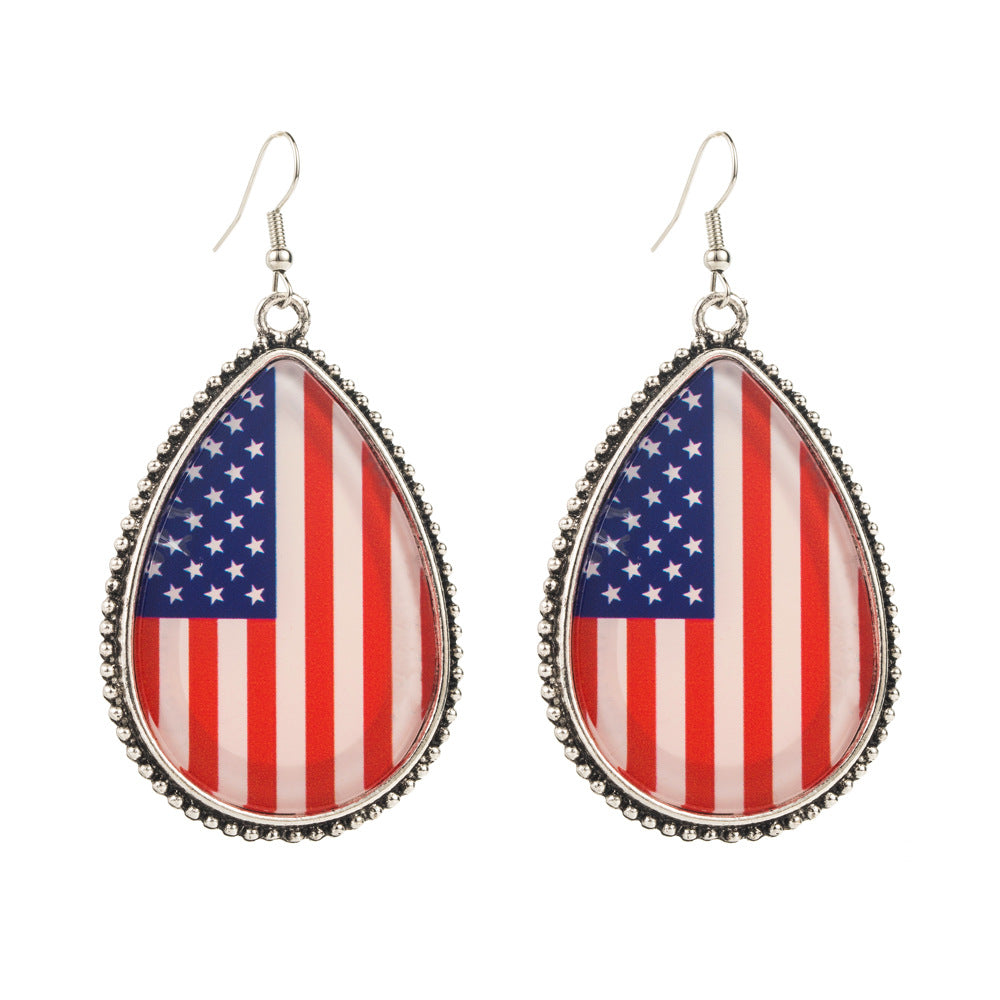 European and American cross-border American Independence Day earrings alloy inlaid with acrylic diamonds, red, white and blue printed flag earrings, earrings, earrings