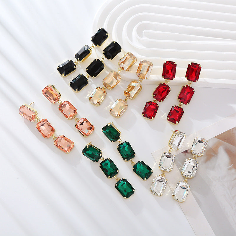 European and American fashion temperament long multi-layer square glass diamond earrings women's niche simple light luxury banquet earrings wholesale